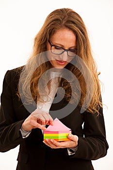 Woman holding marker sticker with copy space for additional text