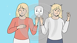 Woman holding mask suffer from mood swings