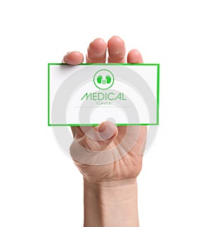 Woman holding medical business card, closeup. Nephrology service