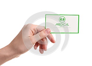 Woman holding medical business card isolated on white. Nephrology service