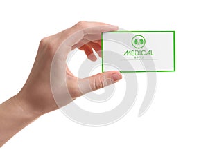 Woman holding medical business card isolated on white. Nephrology service