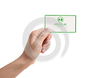 Woman holding medical business card on white, closeup. Nephrology service