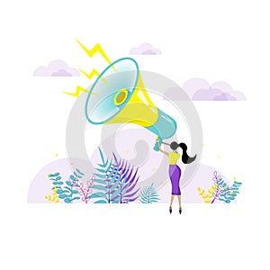 Woman holding megaphone. Concept of social marketing. Flat vector illustration