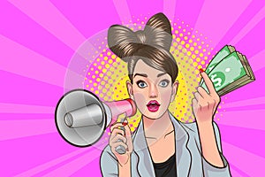 Woman holding megaphone showing money in hand