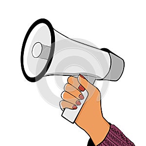 Woman holding megaphone on white background.