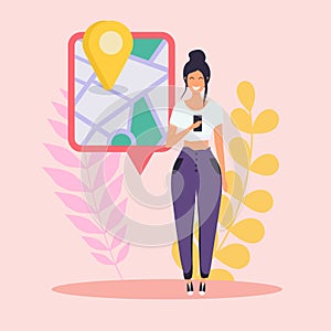Woman holding mobile smart phone with gps app. Map on smart phone. Navigation concept. Flat design modern vector illustration