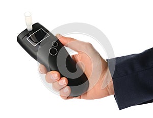 Woman holding modern breathalyzer on white background  closeup