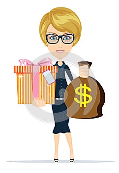 Woman holding a money bag and gift box