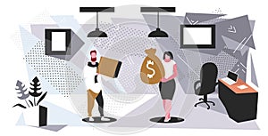 Woman holding money bag paying dollars to man with gift box buying and selling exchanging concept modern office interior