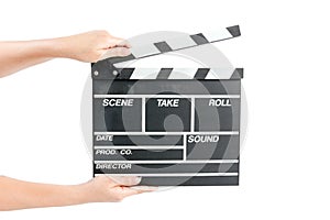 Woman holding movie production clapper board