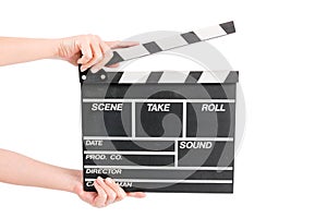 Woman holding movie production clapper board