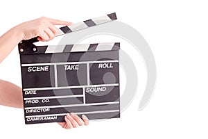 Woman holding movie production clapper board