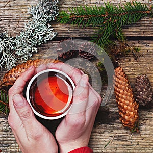 Woman holding Mug of Hot Tea on Rustic Wooden table