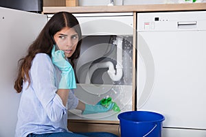 Woman Holding Napkin Under Sink Pipe Leakage Calling Plumber