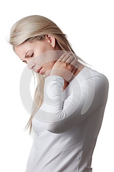 Woman holding the neck isolated on white background.