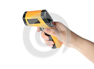 Woman holding non-contact infrared thermometer on background, closeup