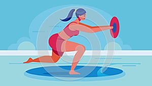 A woman holding onto a pool noodle and using it to perform squats and lunges in the deeper end of a pool targeting leg