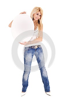 Woman holding oval billboard