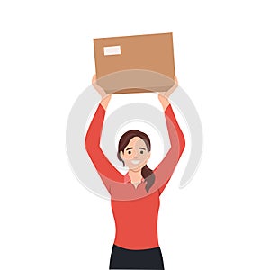 Woman holding package box up by her hands. Person working as a courier, delivery service. Brown package, idea of transportation