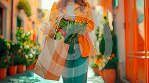 Woman holding a paper bag in the air, a bag full of fresh produce. Healthy food and personal care