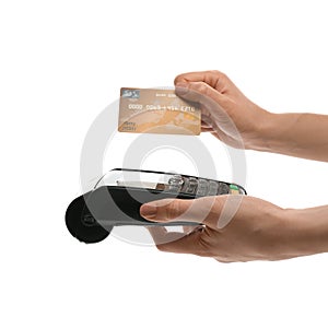 Woman holding payment terminal and credit card on white background