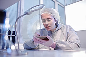 Woman holding petri dish doing bio research in laboratory