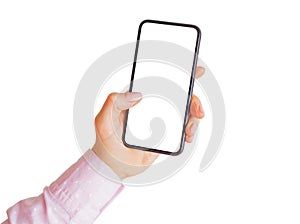 Person holding phone with empty white touchscreen. Mobile app mockup. photo