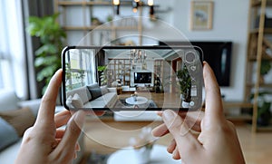 Woman holding phone and taking picture of living room with virtual tour