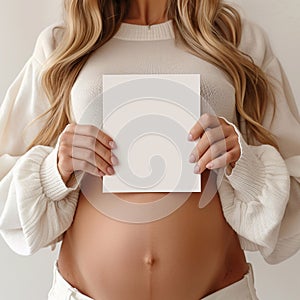 a woman is holding a piece of paper, pregnant belly