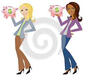 Woman Holding Piggy Banks