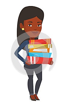 Woman holding pile of books vector illustration.