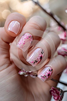 A woman holding pink nail polish with flowers on it