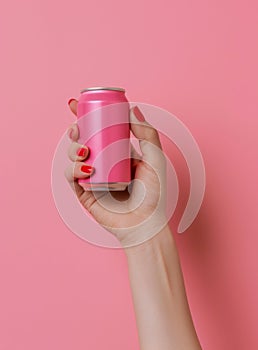 Woman holding a pink soda can against a matching pink background