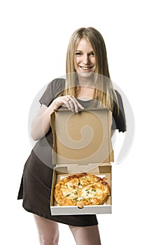 Woman holding pizza