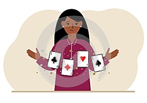 Woman holding playing cards cards. Playing combination of 4 aces or four of a kind.