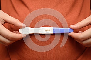 Woman is holding a pregnancy test in her hand