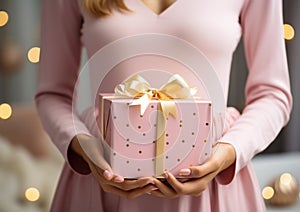 a woman holding a present box filled with pink