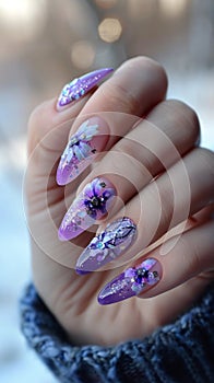 A woman holding purple and white nails with flowers