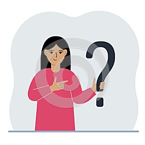 A woman is holding a question mark symbol. Ask questions and look for answers. FAQ or frequently asked questions concept