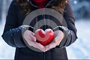 woman is holding a red heart in her hands