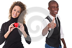 Woman holding red heart and man with thumb up