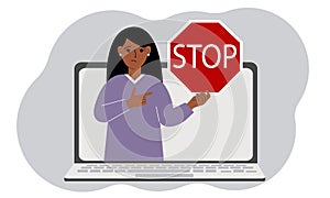 A woman holding a red stop sign in a laptop screen. Virus, attack, error, account or page deletion.