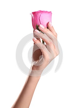 Woman holding rose on white background. Spa treatment