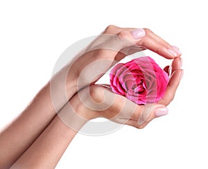 Woman holding rose on white background. Spa treatment