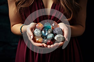 Woman holding semiprecious stones in hands dress. Generate Ai
