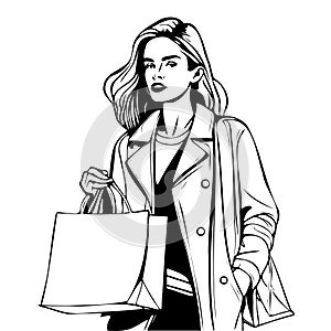 woman is holding a shopping bag and wearing a coat