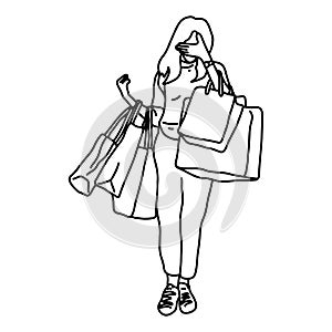 Woman holding shopping bags closing her face vector illustration sketch doodle hand drawn with black lines isolated on white