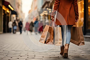 Woman holding shopping bags on the street. AI Generated