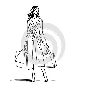 woman is holding shopping bags and wearing a coat
