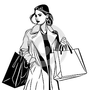 woman is holding shopping bags and wearing a coat